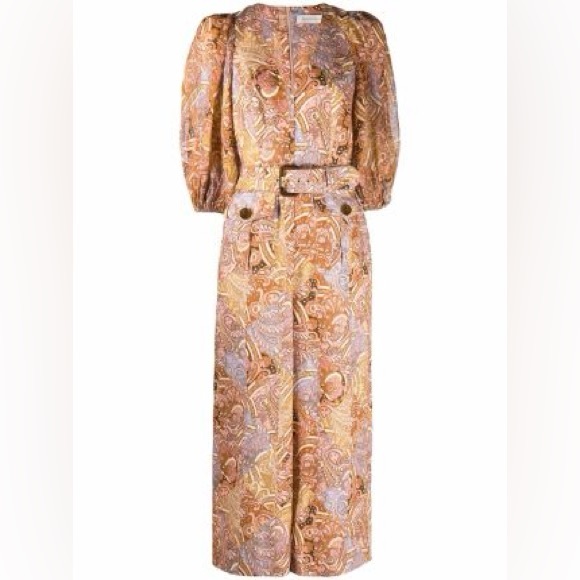 Zimmermann Brown Concert Belted Paisley-print Linen And Ramie Jumpsuit Size AU 1 - Picture 12 of 12